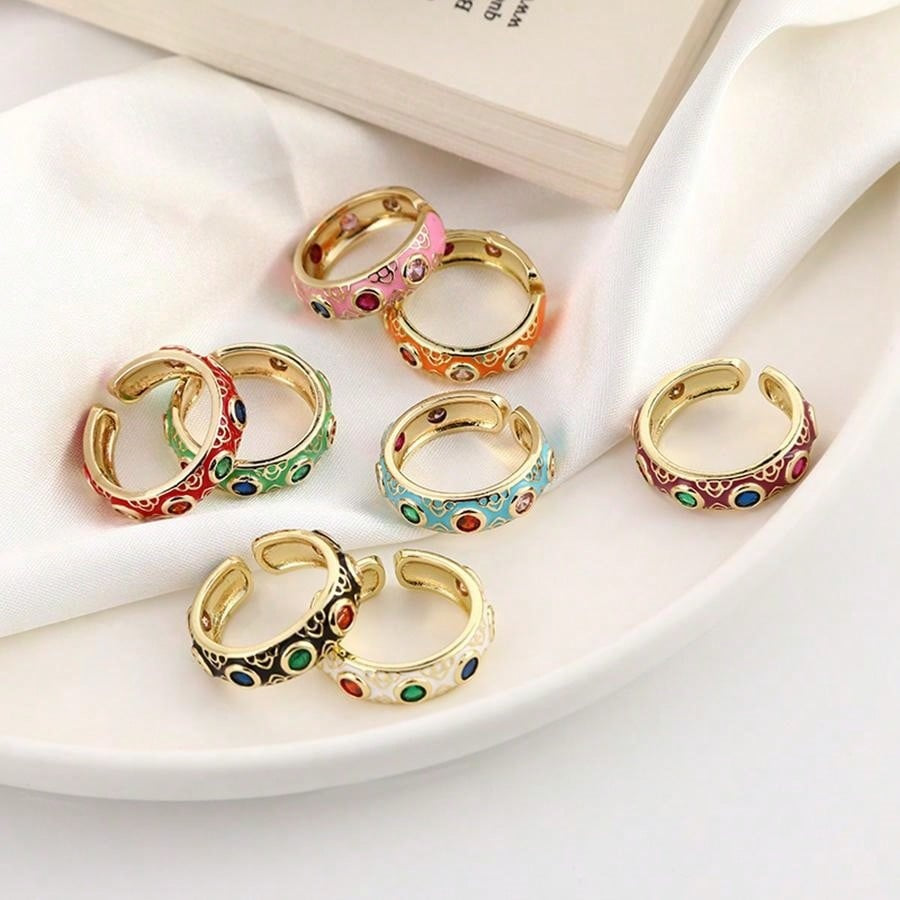 Wholesale Enamel dripping oil inlaid with colored diamonds Bohemian style ring