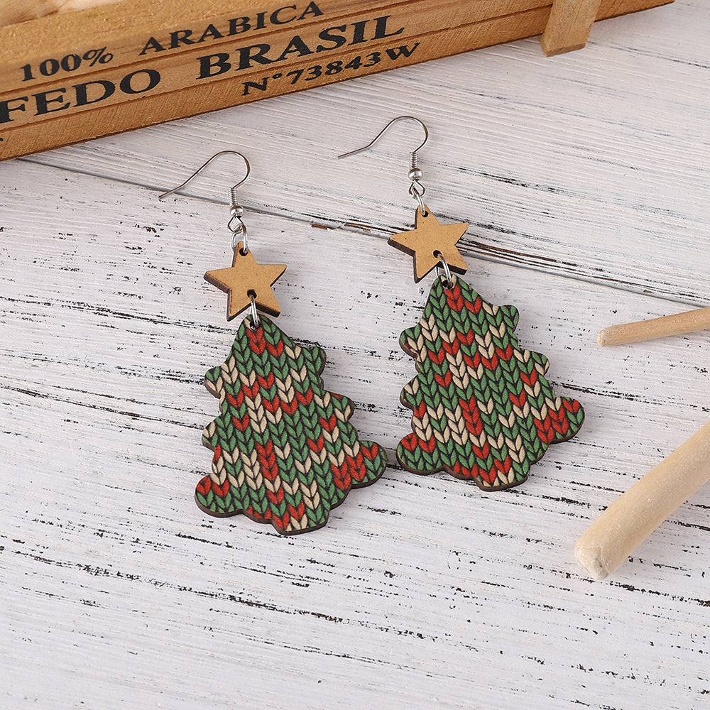 Wholesale Christmas tree sweater knitted pendant women' s wooden double-sided earrings