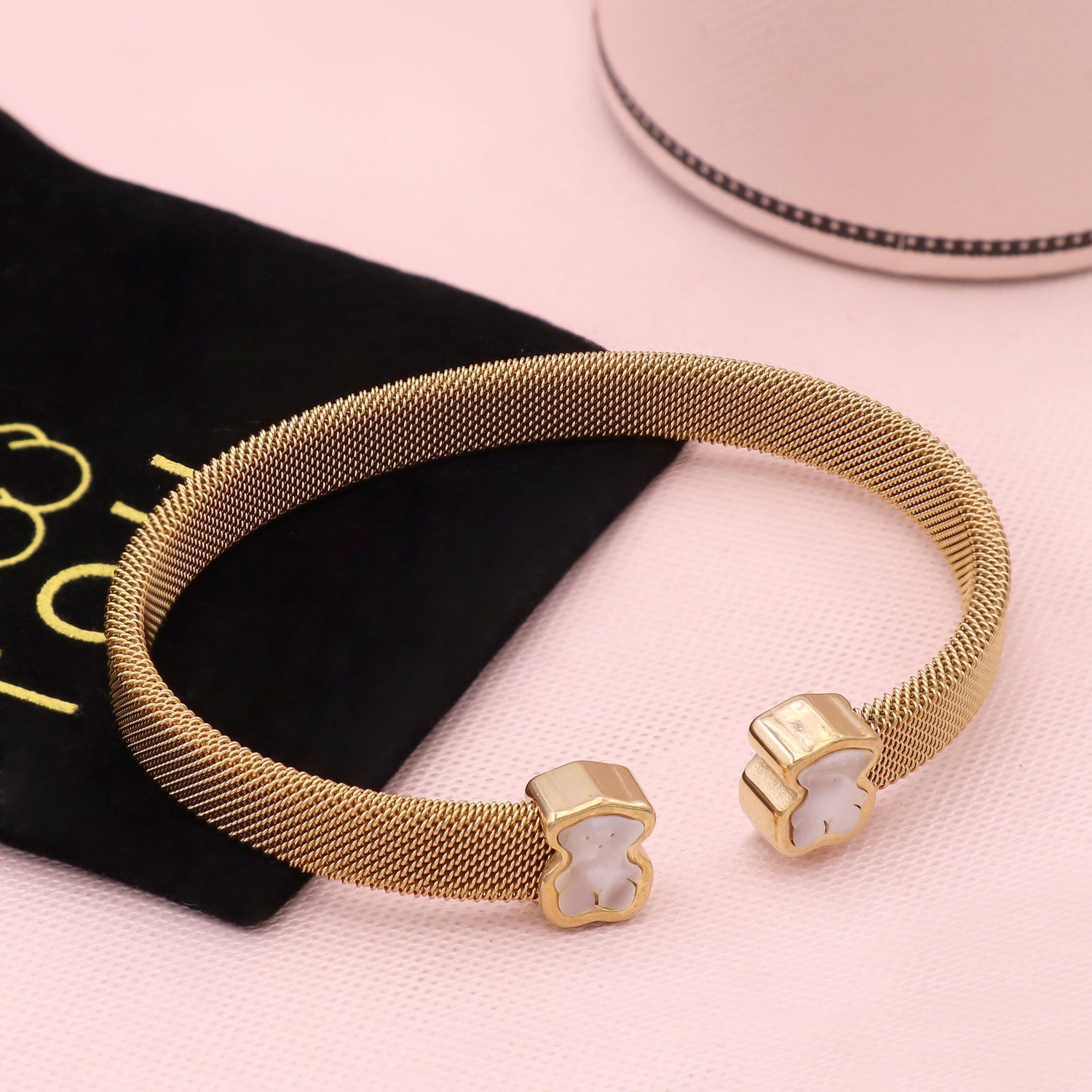 Wholesale Bear Open C-Shape Bracelet with Woven Mesh Strap,  Stainless Steel Boutique Resale Jewelry for Women