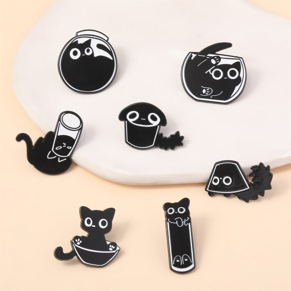 Wholesale  Cute  Cat Chest Pin Cartoon Fuzzy Little Black Cat Alloy 7 Piece Set Brooch