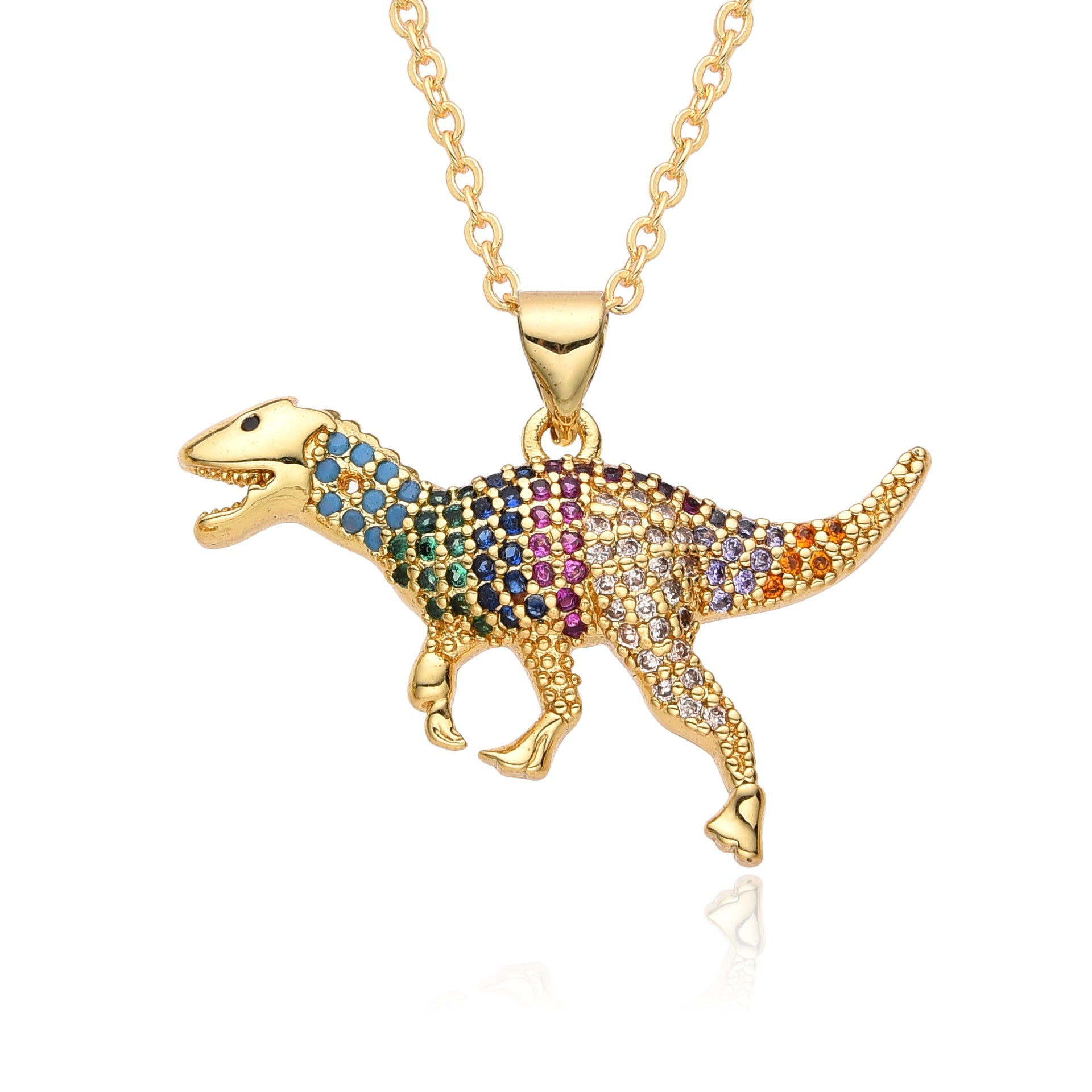 Wholesale  personalized creative copper gold-plated micro-inlaid colorful zircon dinosaur pendant necklace