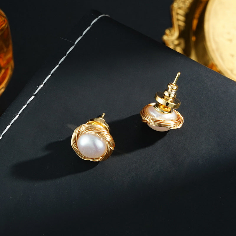 Wholesale 18K Handmade Wound Natural Freshwater Pearl Earrings