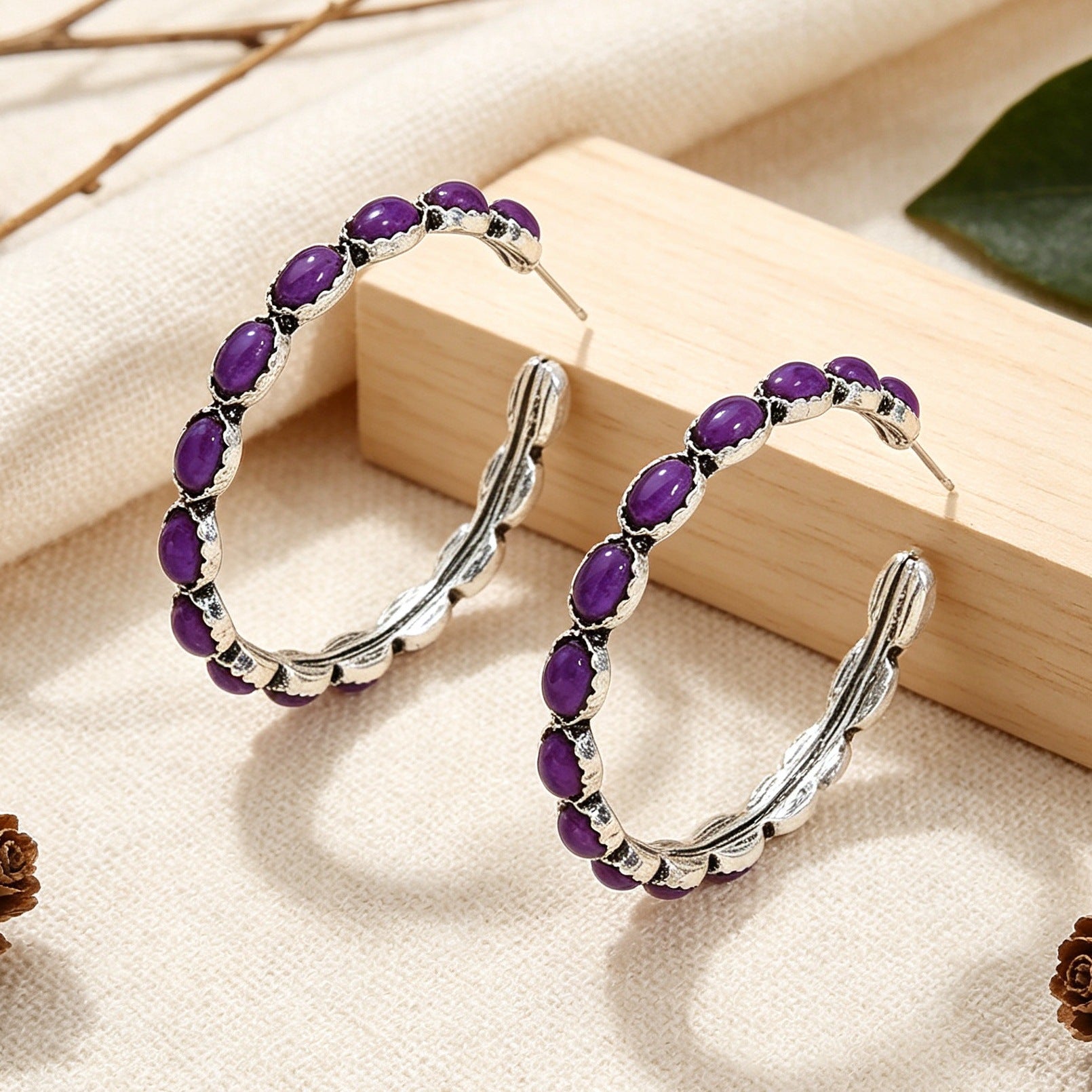 Wholesale Vintage Bohemian Large Hoop C Shape Alloy Earrings In Purple Turquoise Style Party Wear Fashion Accessory