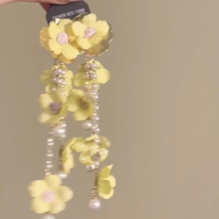 Wholesale Yellow Flower Pearl Tassel Earrings