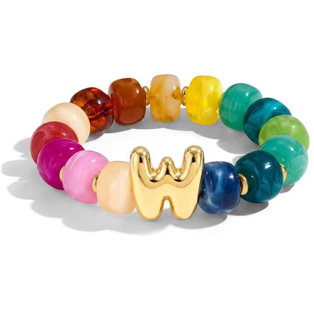 Wholesale 2026 Amazon Cross-Border Colorful Beaded 26 Letter Bracelet for Women,  Resin,  Fashionable and Unique,  High Elasticity Bracelet