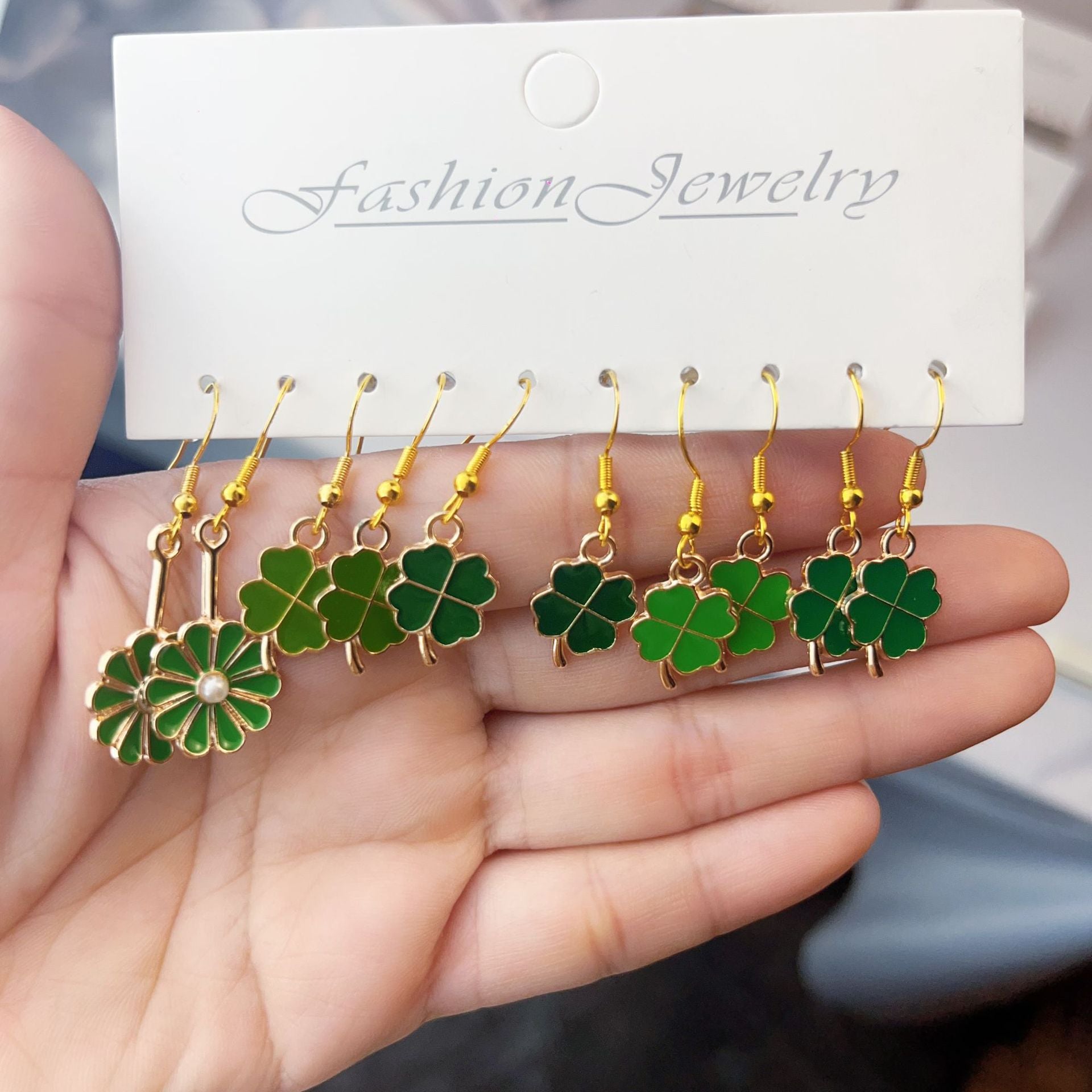 Wholesale Zinc alloy St.  Patrick' s Day four-leaf clover  earrings