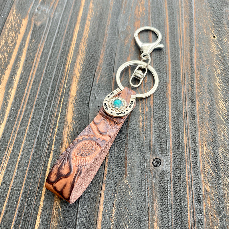 Wholesale Western Style Retro Leather Keychain Turquoise Cowhide Pendant Bulk Keychains ACC-KC-XinChuan004
