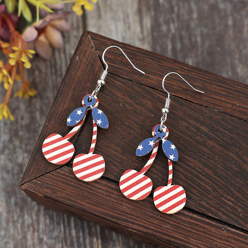Wholesale American Independence Day Cherry-shaped Five-pointed Star Vintage Wooden Earrings