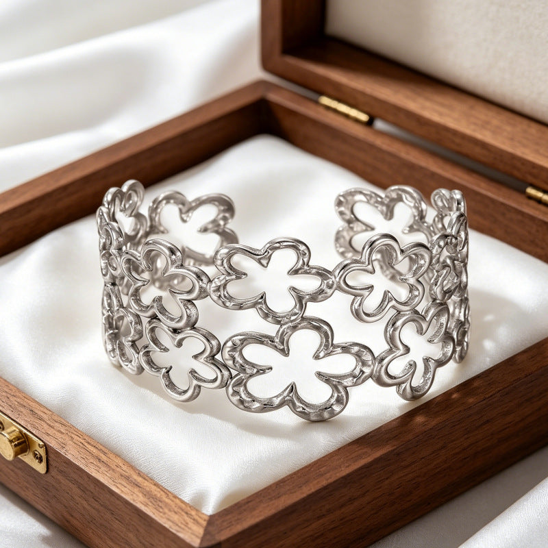 Wholesale Stainless Steel Electroplated Flower Open Cuff Bracelet - Trendy Boutique Resale Jewelry