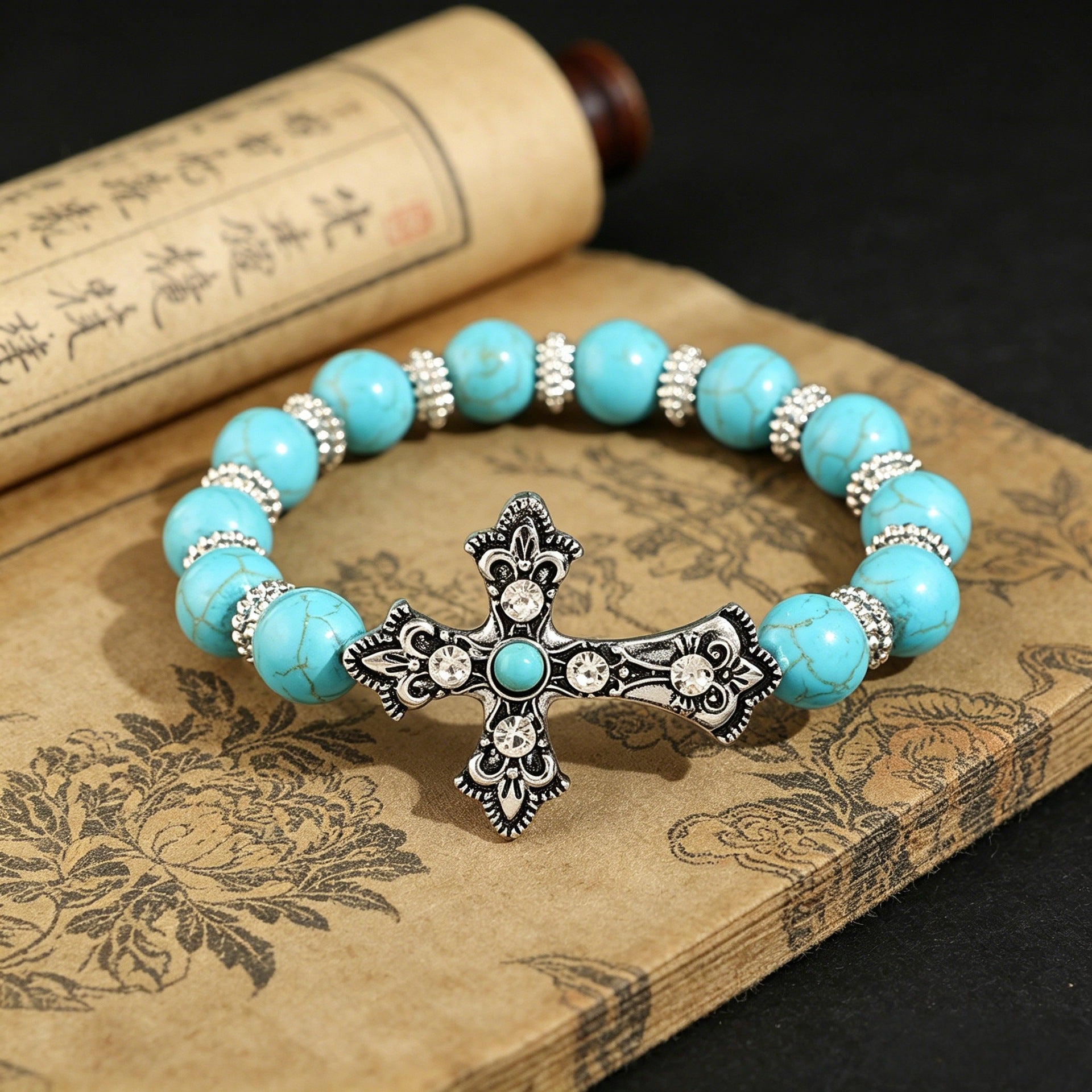 Wholesale Retro Carved Cross Blue Turquoise Bracelet Women Western Cowboy Style Alloy Jewelry Accessory
