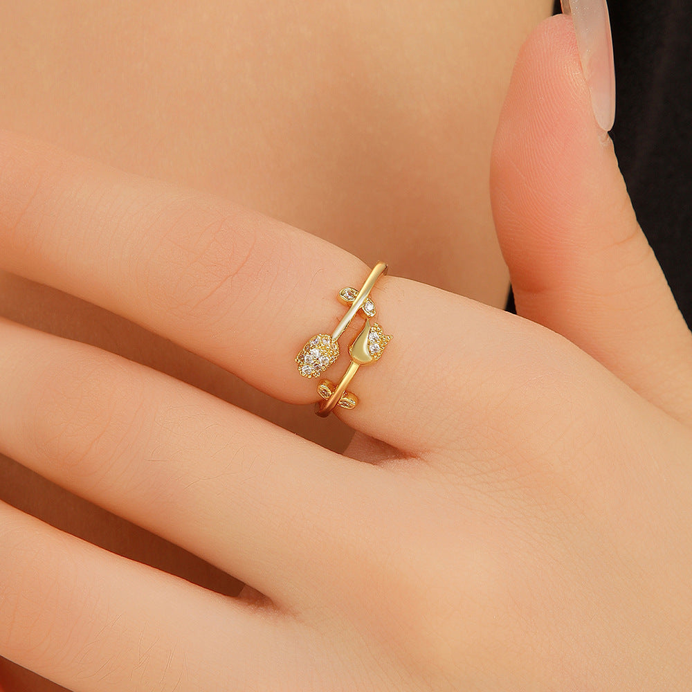 Wholesale Chic Gold Floral Leaf Open Adjustable Ring Zircon Crystal Fashion Jewelry Accessory For Everyday Wear