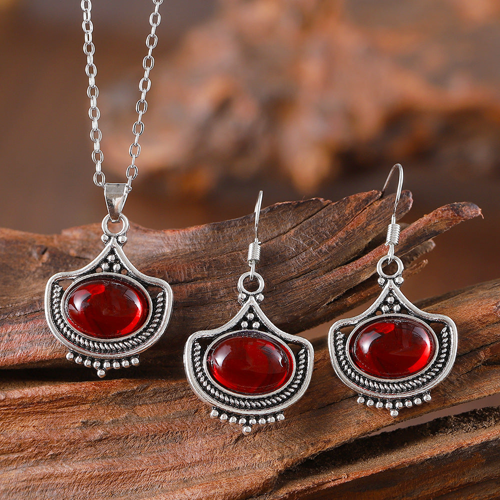 Wholesale Zinc Alloy Geometric Oval Gemstone Drop Earrings And Necklace Set Fashion Jewelry Accessory For Boutique Resale