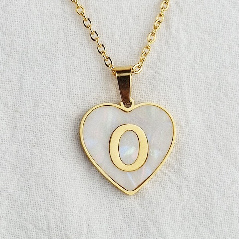 Wholesale 26 English Letters Heart Inlaid Shell Titanium Steel Necklace ACC-NE-DingChao002