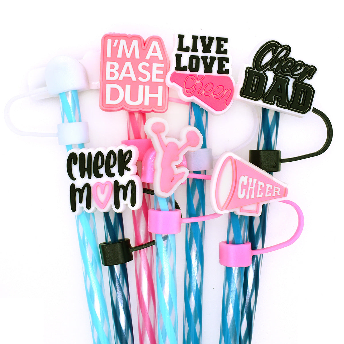 Wholesale Random Color 100pcs Cheerleading MOM Straw Tube Cap 10mm Soft Glue Straw Decoration Straw Cover ACC-SCR-RYY026