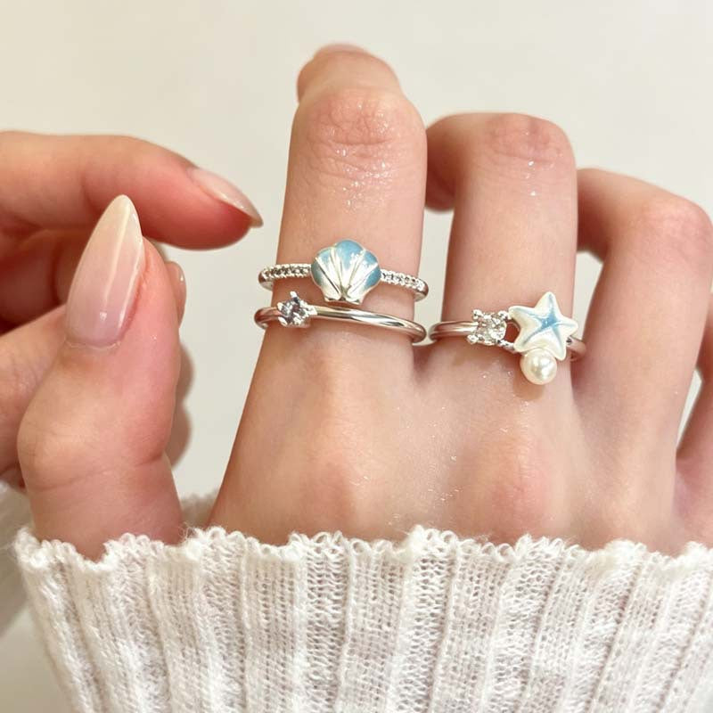 Wholesale Stylish Blue Starfish Shell Open Ring For Women Seaside Vacation Adjustable Size Zinc Alloy Jewelry Gift