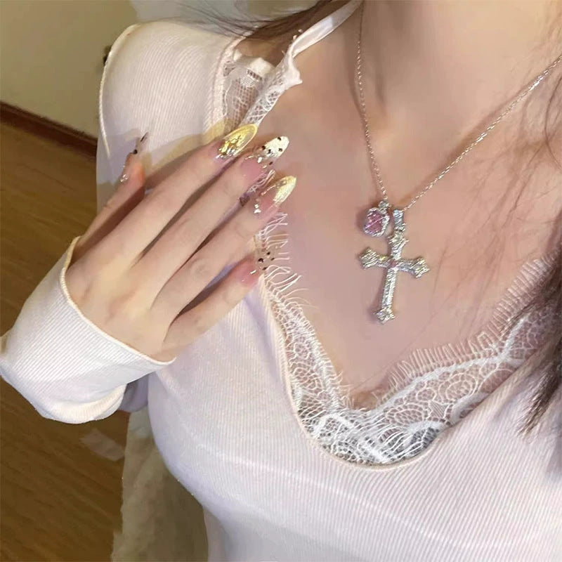 Wholesale  Minimalist Pearl Tassel Cross Necklace