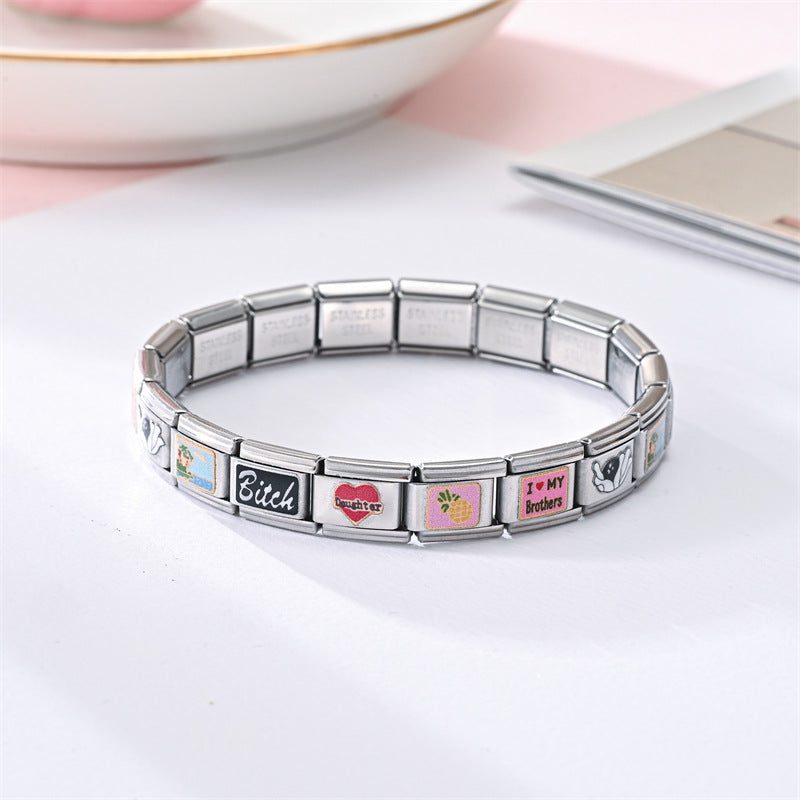 Wholesale Stainless Steel Modular Elastic Bracelet Square Train Card Printed Fashion Accessory