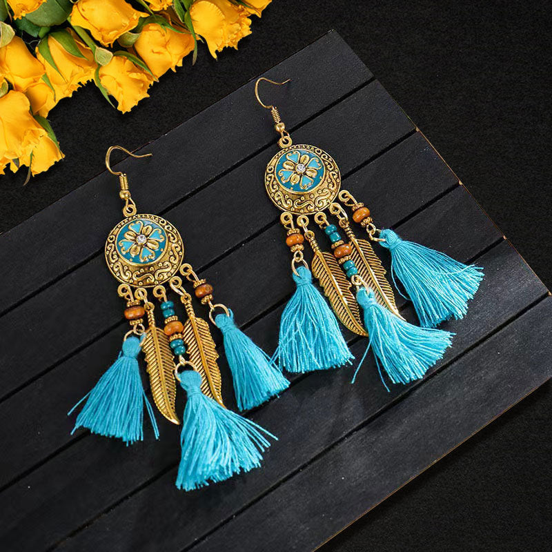 Wholesale Alloy Diamond Cut Bohemian Tassel Earrings Ethnic Style Fashion Accessory