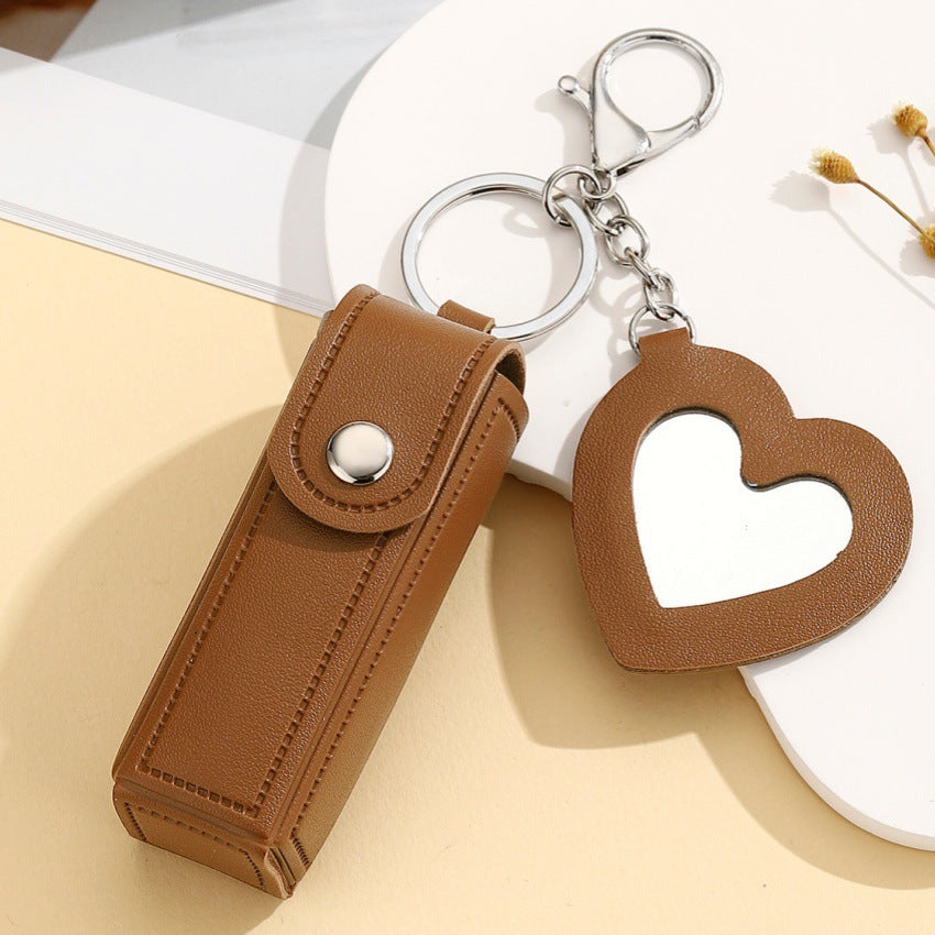 Wholesale creative leather pendant portable lipstick bag keychain makeup mirror mini key storage bag