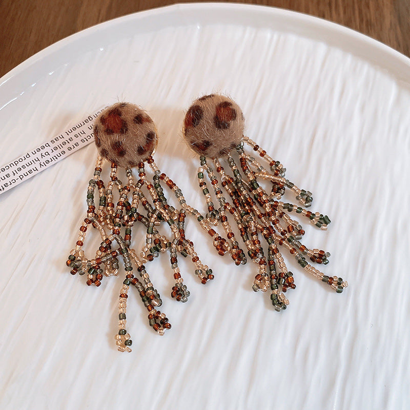 Wholesale Silver needle retro plush leopard print tassel earrings