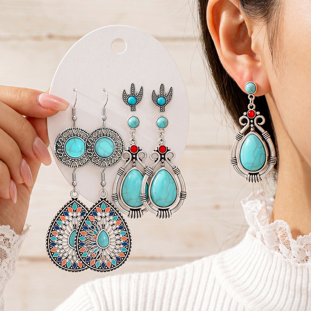 Wholesale Turquoise Tassel Earrings Set - Bohemian Ethnic Style