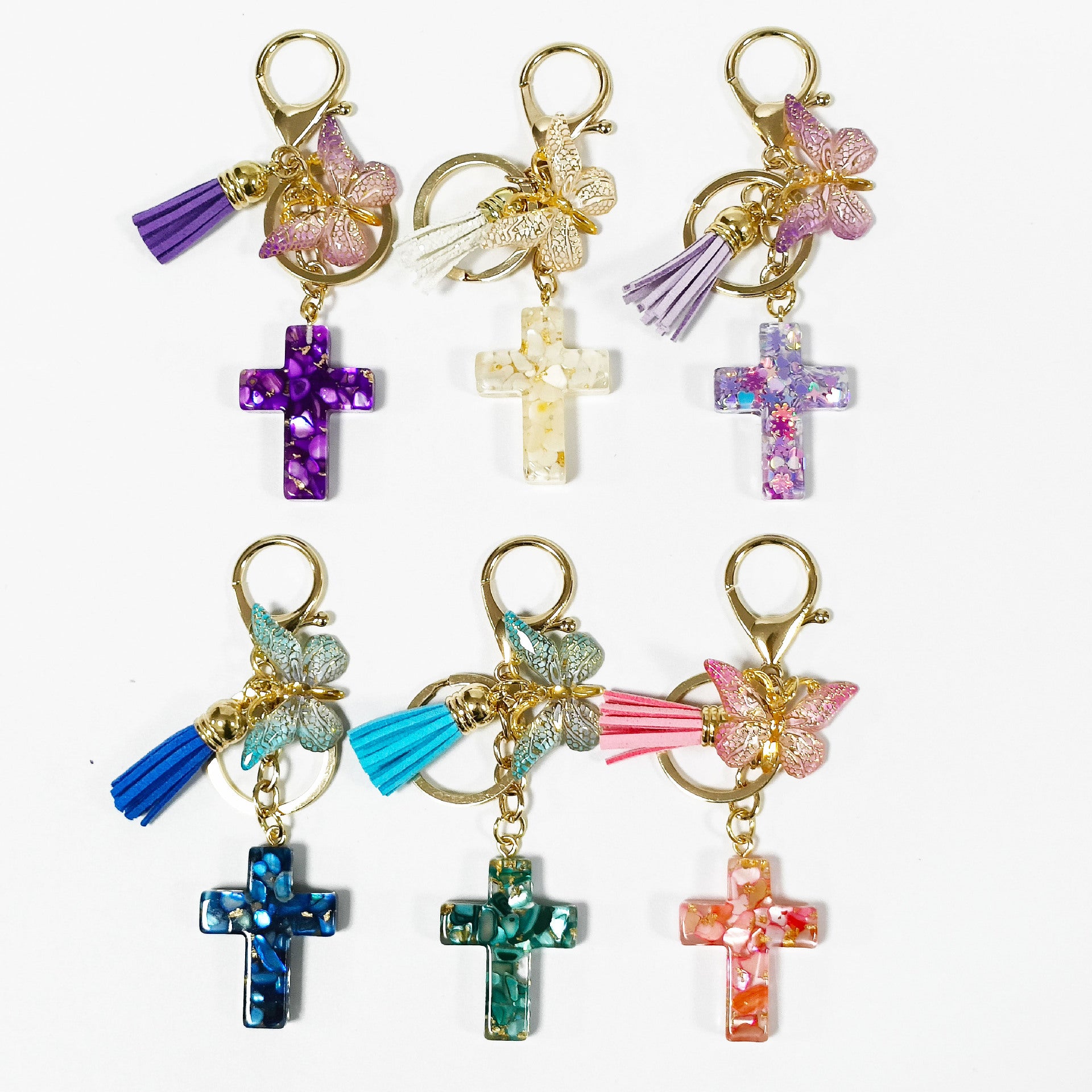 Wholesale Resin glue cross butterfly white blue tassel keychains