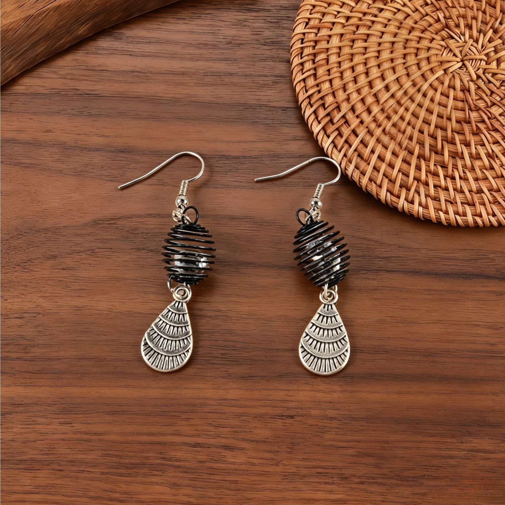 Wholesale Cross-Border European and American Retro Bohemian Black Coil Fan-Shaped Pendant Earrings with a Light Luxury and High-End Feel,  Featuring Embedded Diamond Ear Hooks