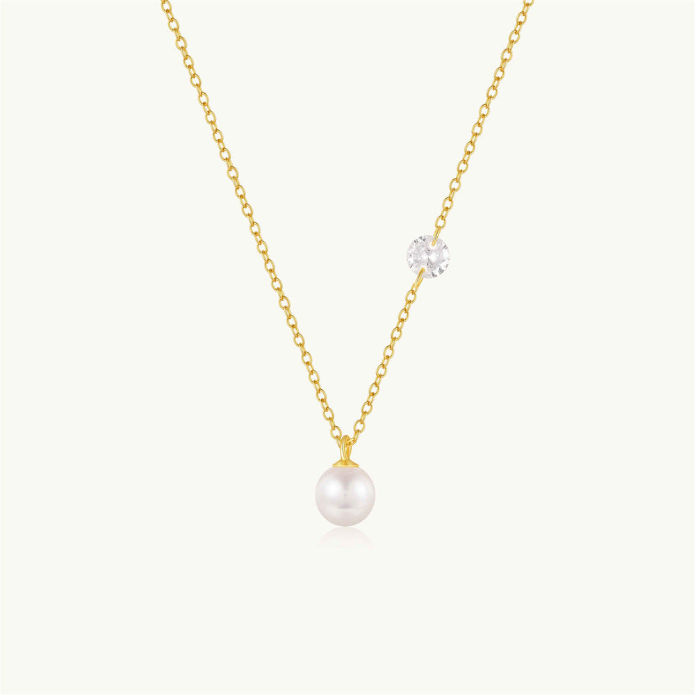 Wholesale S925 Sterling Silver Single Diamond Pearl  Clavicle Chain  Necklace