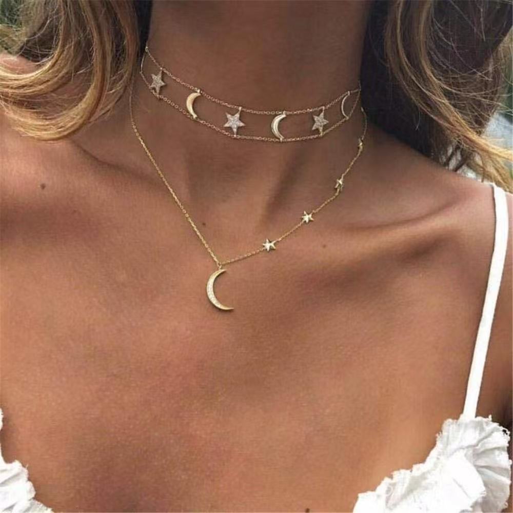 Wholesale Full Diamond Five-Pointed Star Moon Combination Necklace
