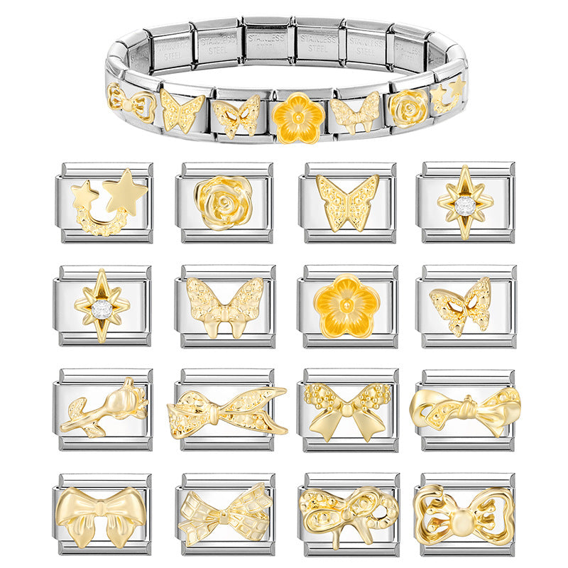 Wholesale Italian Charm Bracelet 9mm DIY Splicing Gold Butterfly Bow Stainless Steel Composable Bracelet