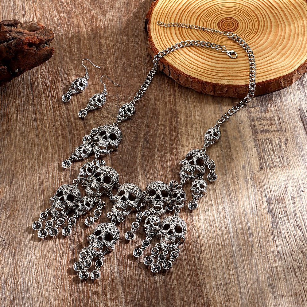 Wholesale Gold Tone Alloy Skull Jewelry Set - Punk Retro Necklace and Earrings for