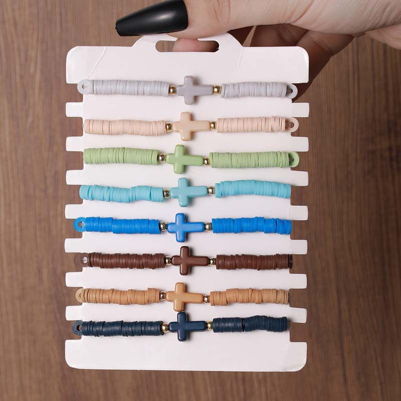 Wholesale bohemian style colorful soft pottery cross bracelet suit
