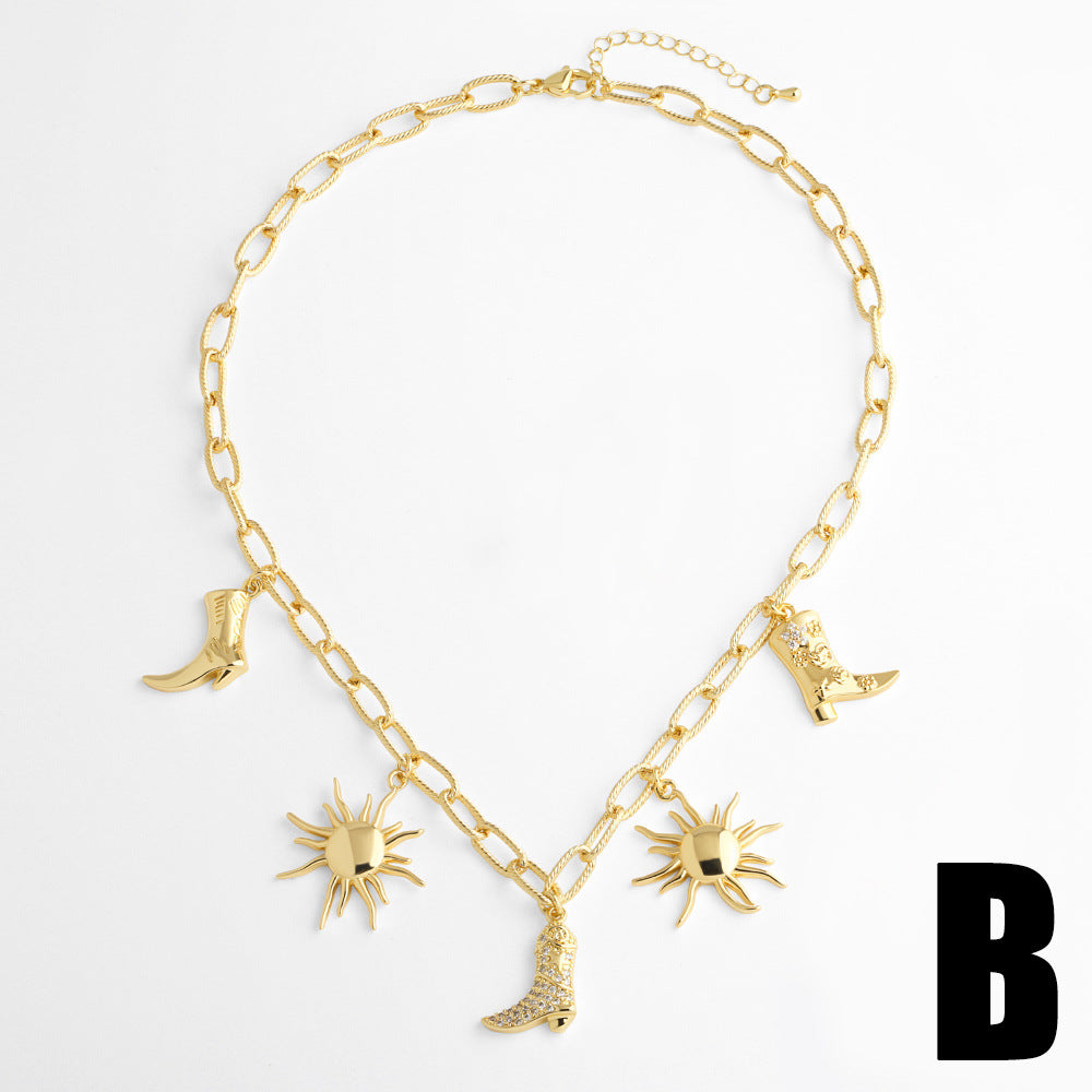 Wholesale Copper-Plated 18K Gold Glossy Sun Pendant Versatile Necklace Bracelet