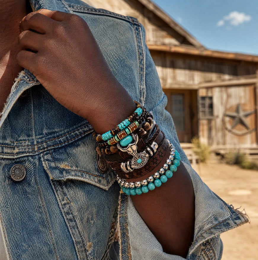 Wholesale Retro Cowboy Turquoise Bracelet Set Women S Handmade Engraved Metal Jewelry 5 Piece Gift Everyday Wear