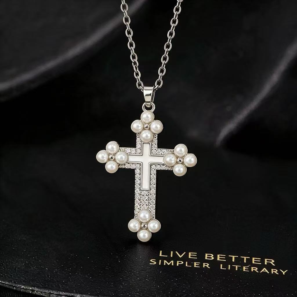 Wholesale Stylish Cross Pearl Necklace Gold Tone Copper Zircon Fashion Accessory For Women Boutique Resale Gift