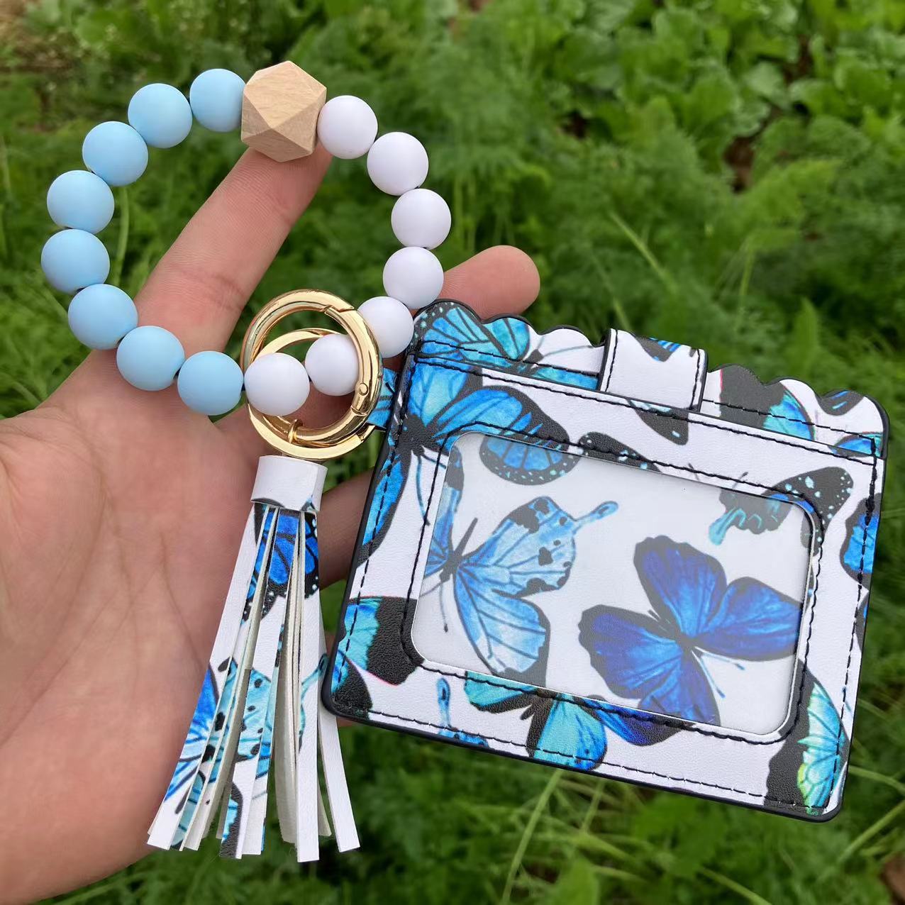 Wholesale Butterfly Leopard Cactus Tie Dye Card Holder Silicone Beaded Wristlet Keychain ACC-KC-QiuXue015