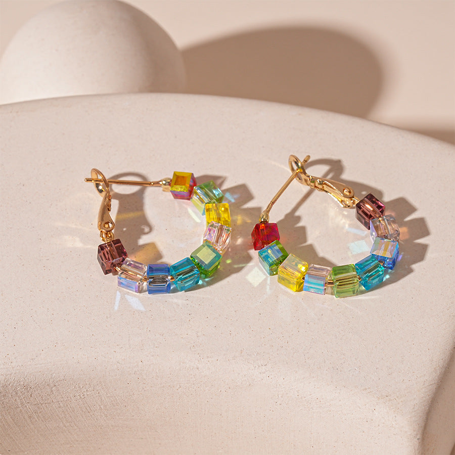 Wholesale colored glass geometric circle silver needle earrings