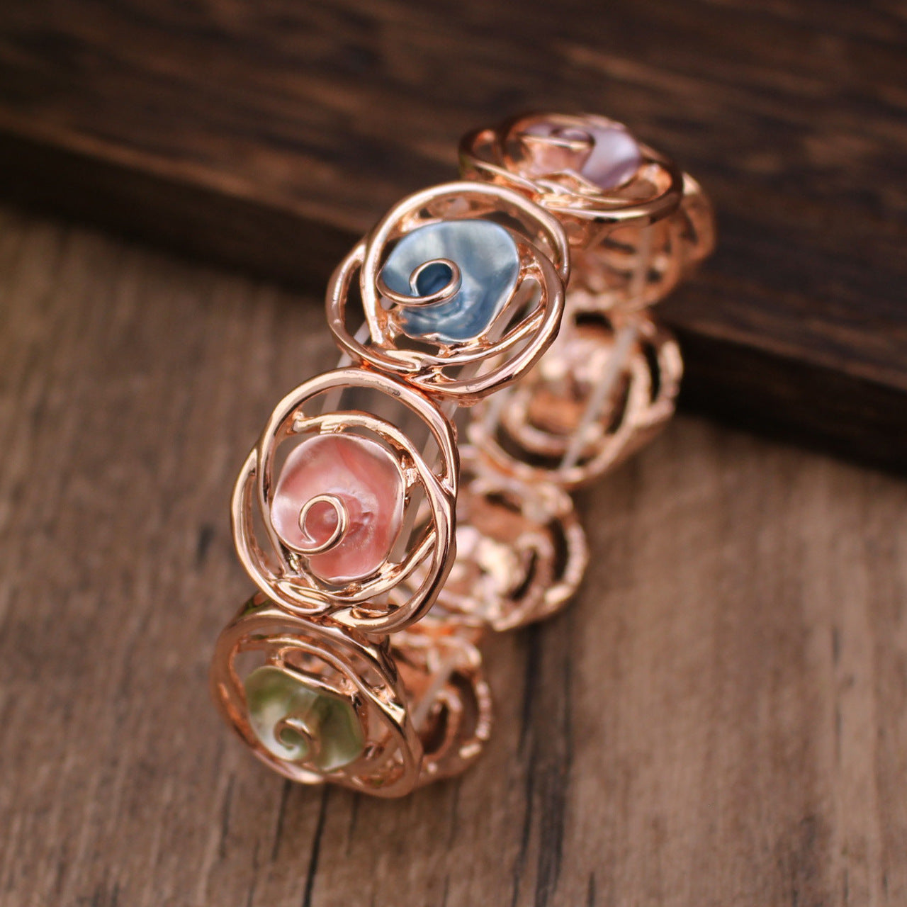 Wholesale Rose Alloy Bracelet Elastic Band  Colorful Hollow Out Rose Flower Bracelet