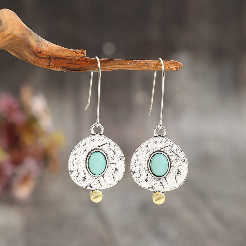 Wholesale Bohemian geometric inlaid synthetic turquoise alloy earrings