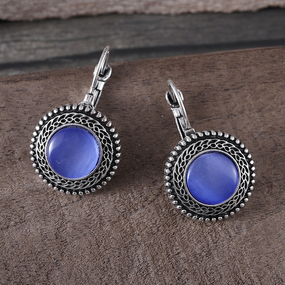 Wholesale Bohemian Retro Oval Jeweled Earrings Blue Electroplated Zinc Alloy Pair Trendy Party Gift And Boutique Resale Accessory
