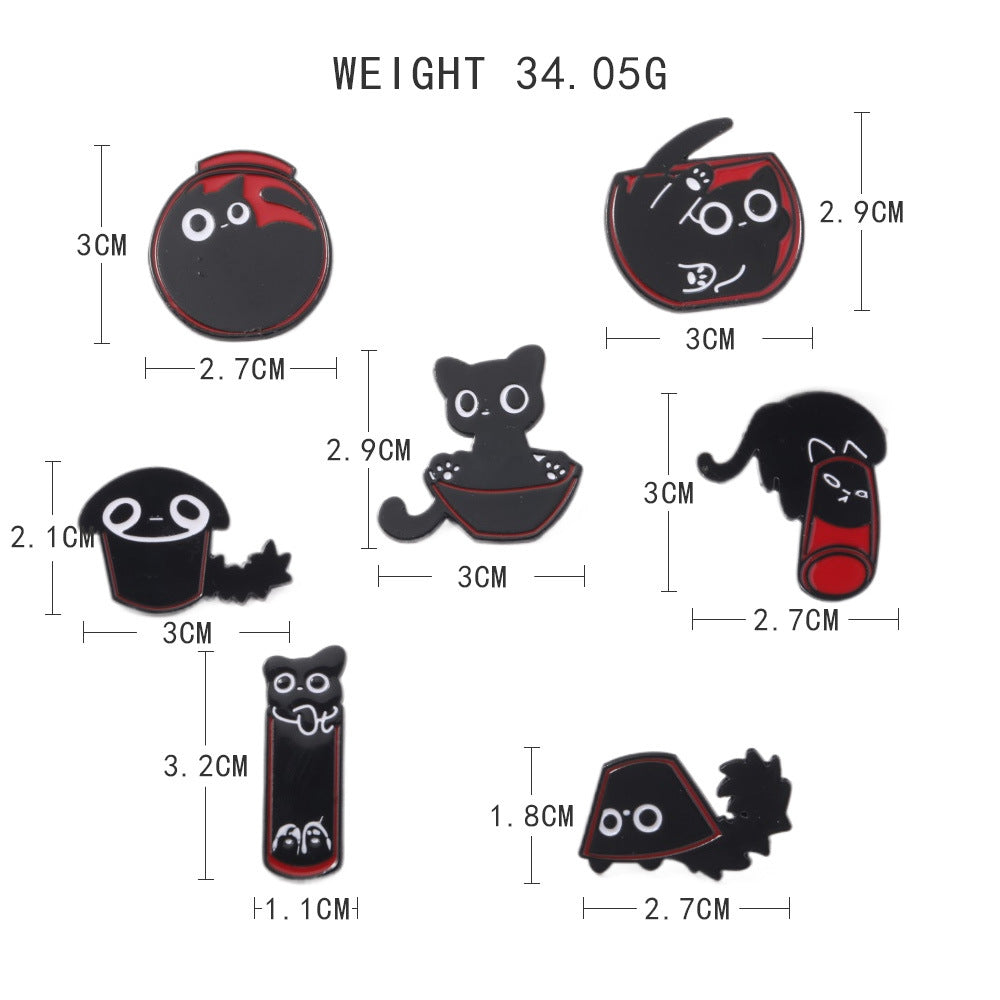 Wholesale  Cute  Cat Chest Pin Cartoon Fuzzy Little Black Cat Alloy 7 Piece Set Brooch