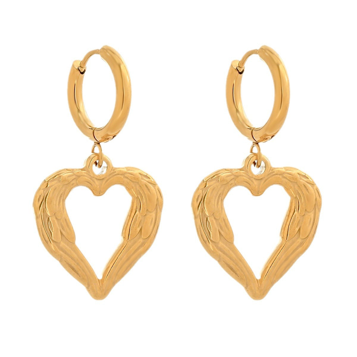 Wholesale stainless steel 18K gold plated three-dimensional heart-shaped wings love earrings