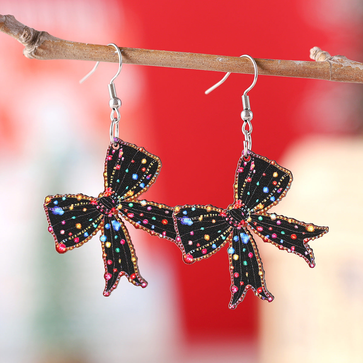 Wholesale Christmas Lantern Bow Pink Christmas Tree Pendant Earrings