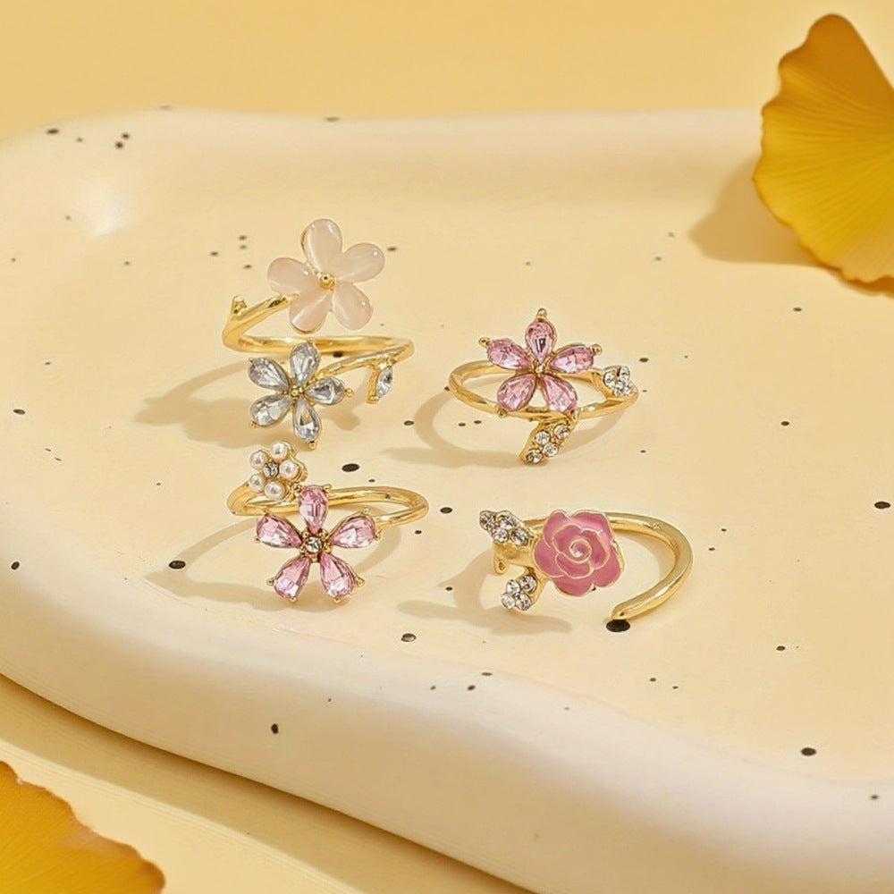 Wholesale Pink floral design multi-layered ring,  stylish and elegant pearl and zircon alloy ring.