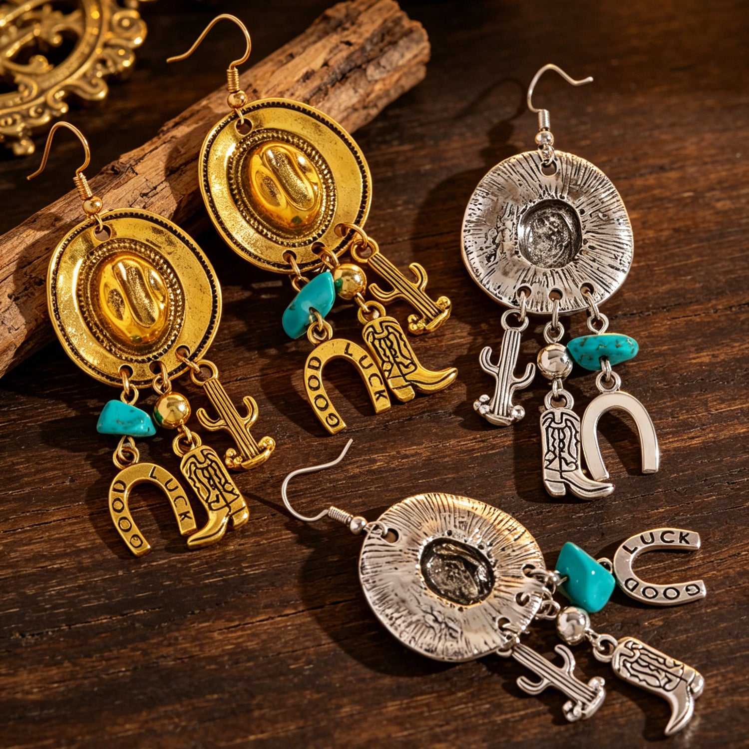 Wholesale Retro Cowboy Style Earrings With Hat Boots Cactus Horseshoe Pendants Alloy Ancient Silver Tone Chic Fashion Jewelry Accessory Gift