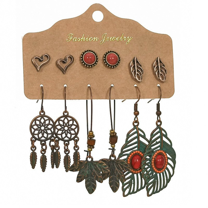 Wholesale Vintage Turquoise Lantern Flower Earrings 6-Piece Set,  Alloy Electroplated Jewelry for Everyday Wear Gift
