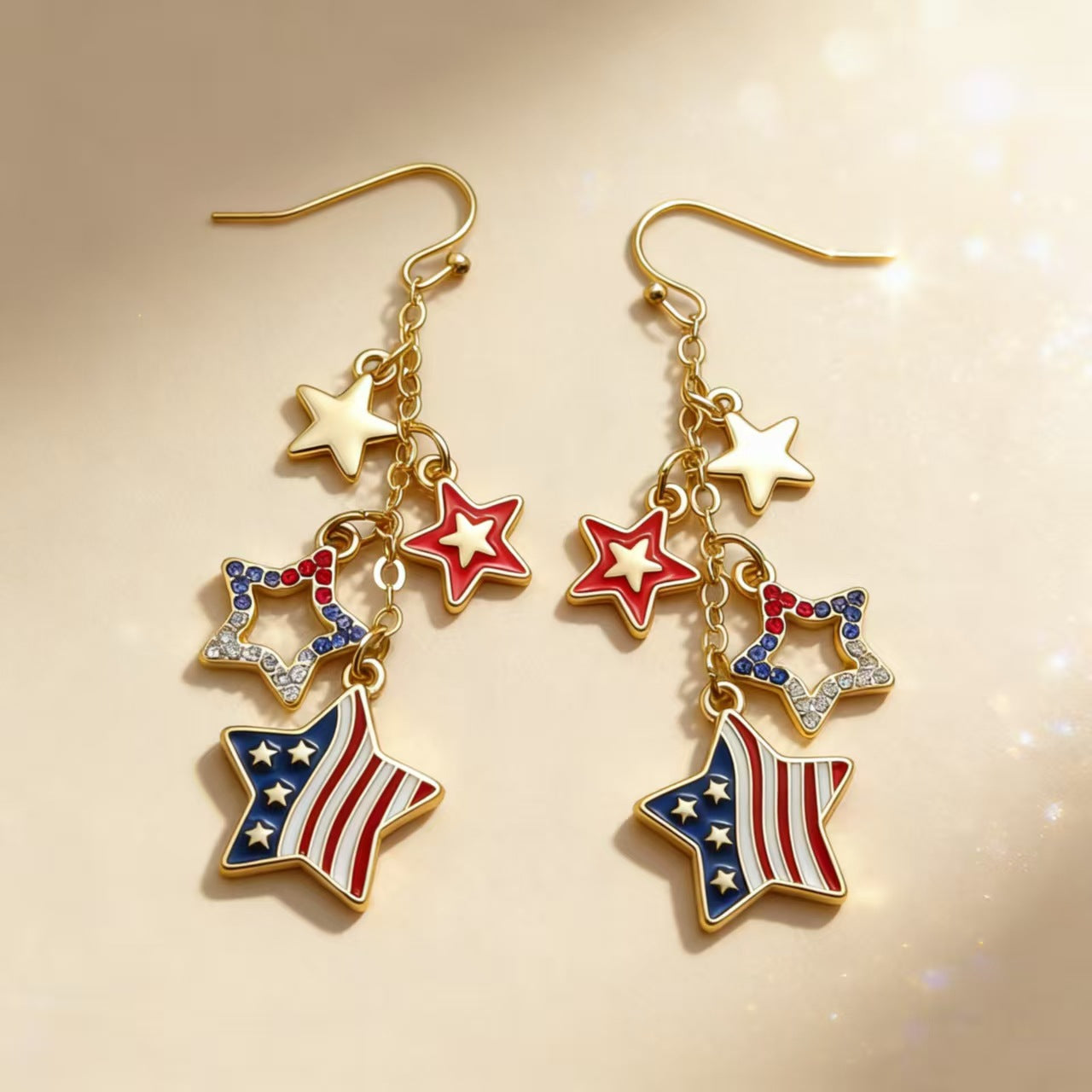 Wholesale Electroplated Alloy Five-Pointed Star Earrings,  Oil-Drip and Studded Design,  Patriotic Fashion Accessory