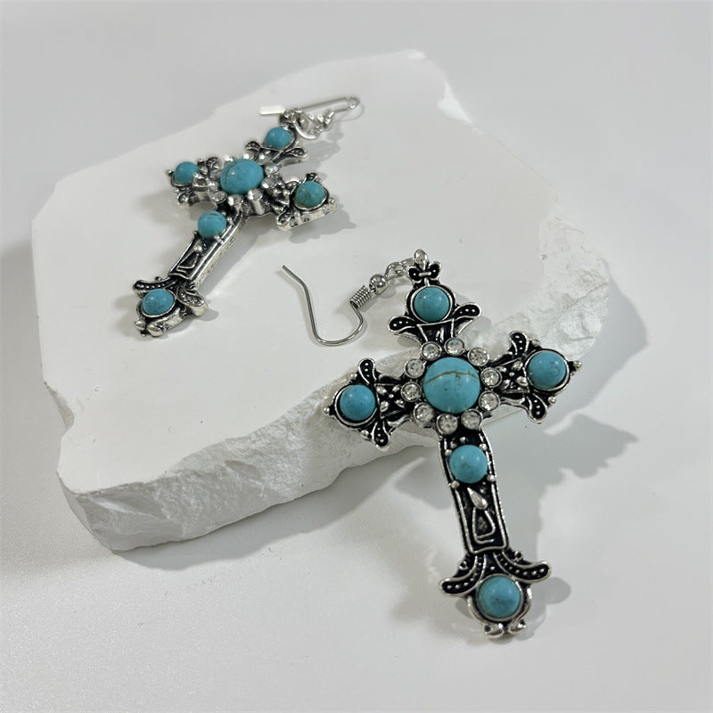 Wholesale New vintage-style,  distinctive cross earrings and necklace set,  featuring creatively distressed,  turquoise-inlaid pendants