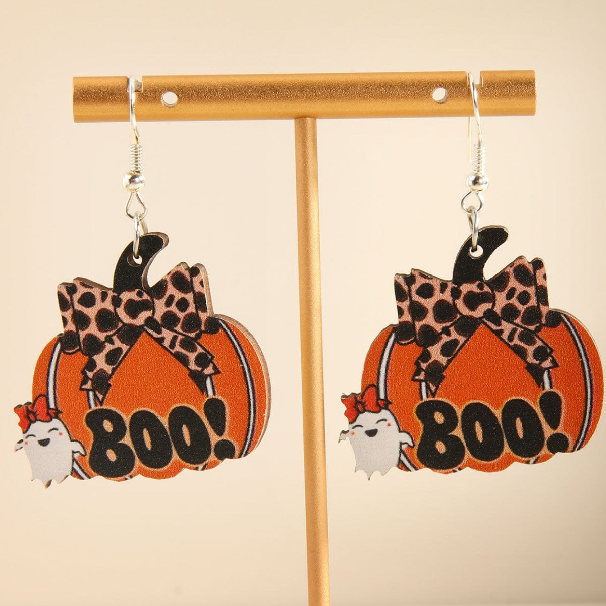 Wholesale  Halloween Pumpkin Small Ghost Bow Leopard Print Wooden Pendant Earrings
