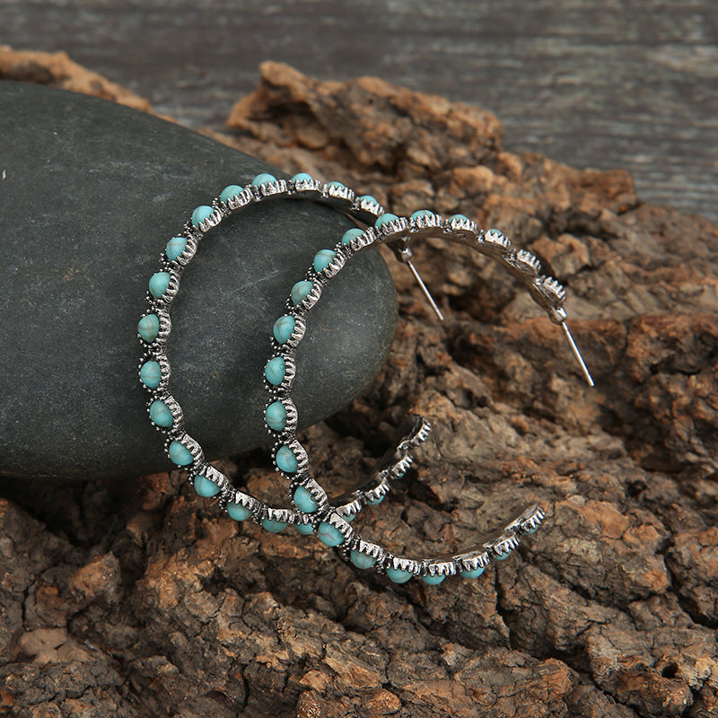 Wholesale Alloy Electroplated Retro Geometric Circle Earrings with Turquoise Inlay - Fashion Accessory